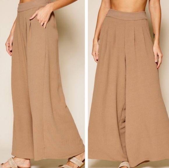 #128 SALE 🛑 L Mocha Khaki Fabulous Boho Wide Leg Solid Pleated Pants - Picture 5 of 11